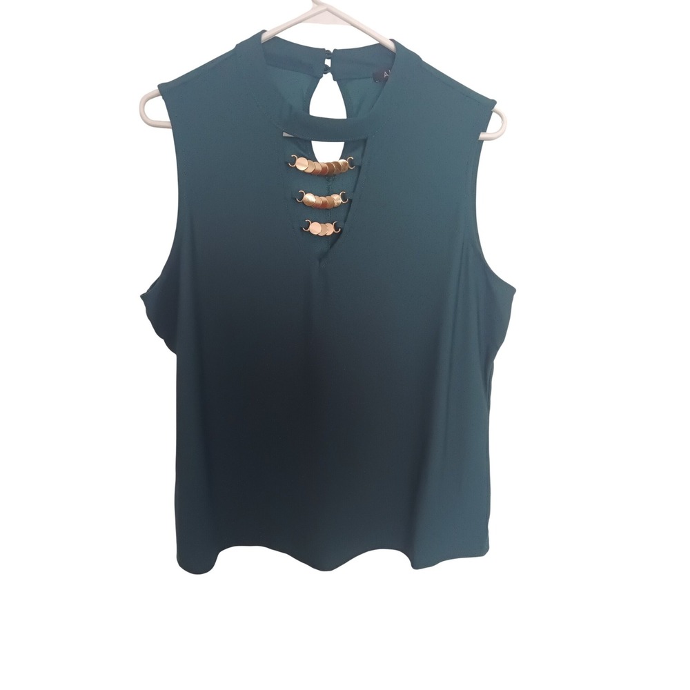 AUW Womens Green Sleeveless Blouse Gold Coin Chain V-Neck Top Size Large - Picture 1 of 4